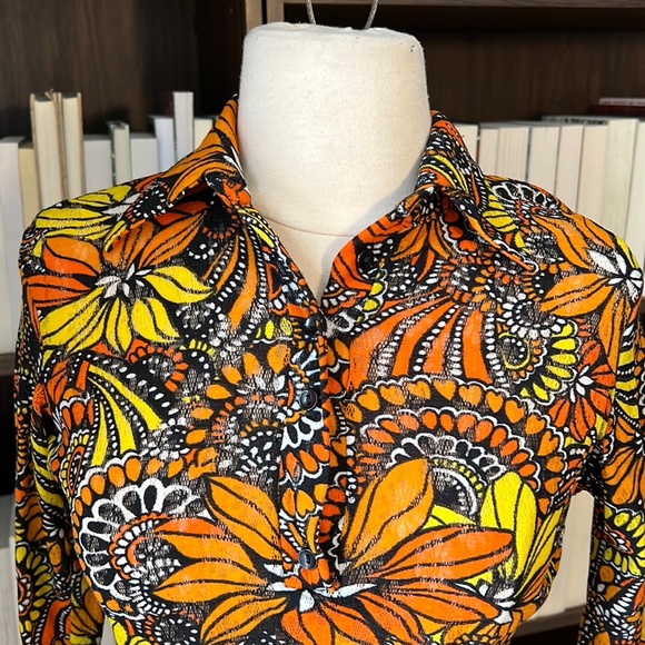Vintage Alice Stuart Mesh 70s Floral Print Blouse - Picture 4 of 9